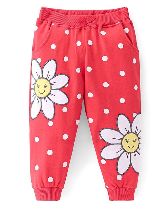 Babyhug French Terry Knit Full Length Lounge Pant with Polka Dots & Floral Print - Red