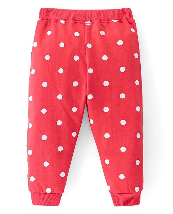 Babyhug French Terry Knit Full Length Lounge Pant with Polka Dots & Floral Print - Red