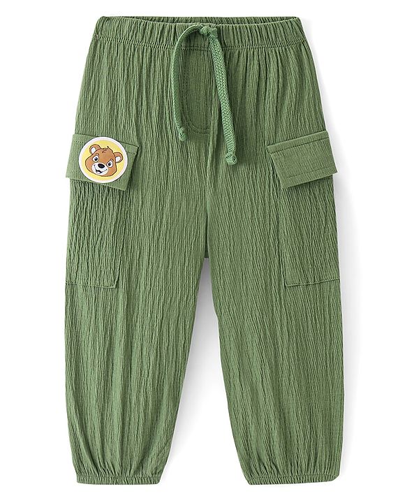 Babyhug French Terry Knit Full Length Lounge Pant with Animal Patch Detailing - Olive Green