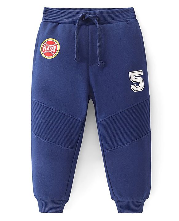 Babyhug French Terry Knit Full Length Cut & Sew Track Pant with Numerical Print - Navy Blue