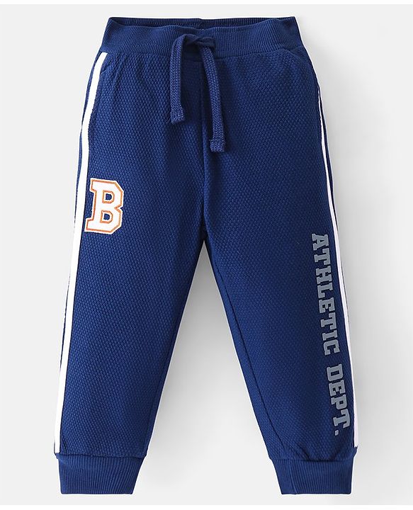Babyhug French Terry Full Length Jogger Fit Track Pants with Letter Patch - Navy