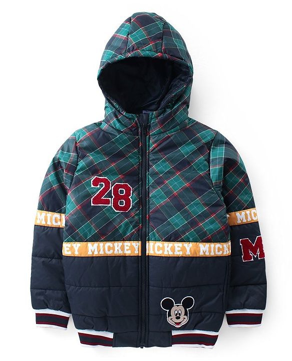 Pine Kids Disney Full Sleeves Front Open Padded Hooded Jacket with Mickey Mouse Patch & Embroidery - Navy Blue
