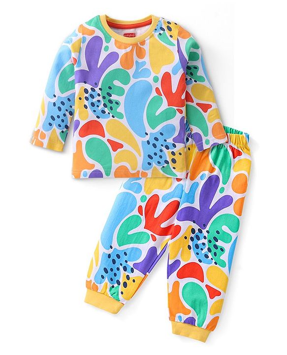 Babyhug Cotton Knit Full Sleeves Night Suit with Abstract Print - Multicolour