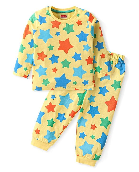 Babyhug Cotton Knit Full Sleeves Night Suit With Stars Print - Yellow