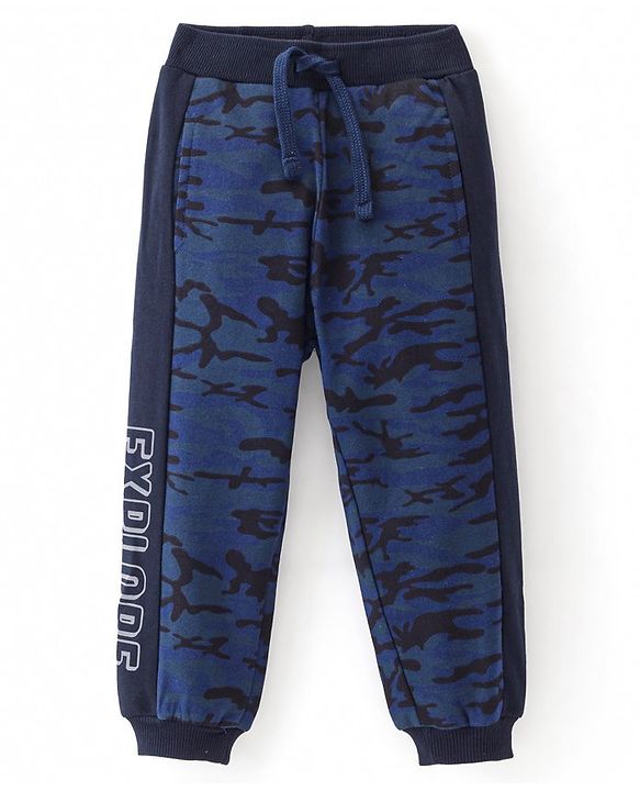 Babyhug French Terry Full Length Lounge Pant with Side Text & Camouflage  Print - Navy Blue