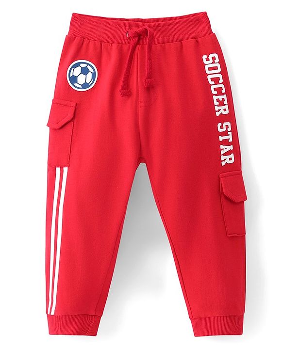 Babyhug Terry Knit Full Length Lounge Pant with Football Theme & Text Print - Red
