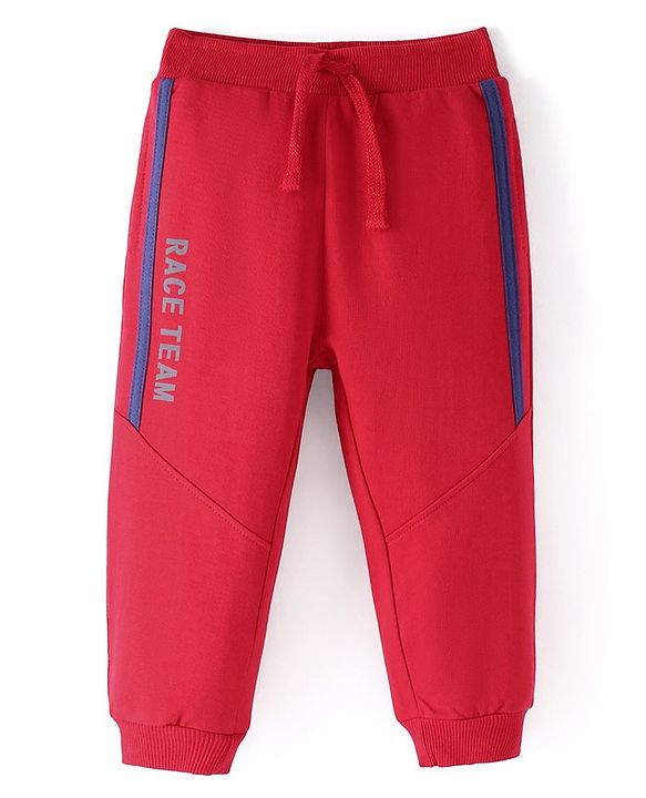Babyhug Cotton Knit Full Length Lounge Pants With Text Print - Red