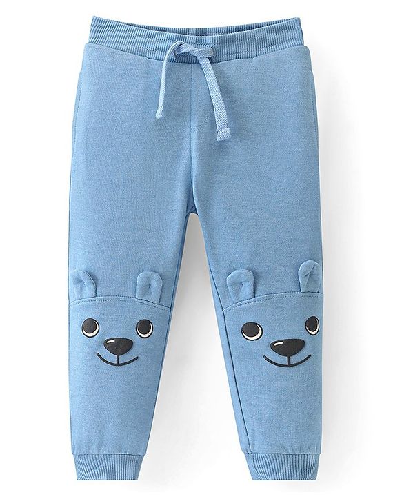 Babyhug French Terry Knit Full Length Lounge Pant with Animal Patch - Blue