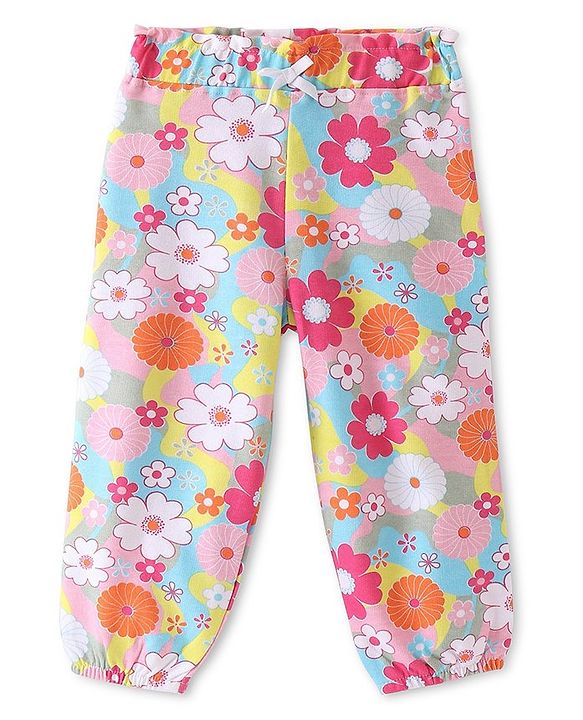 Babyhug French Terry Knit Full Length Lounge Pant With Floral Print - Multicolour