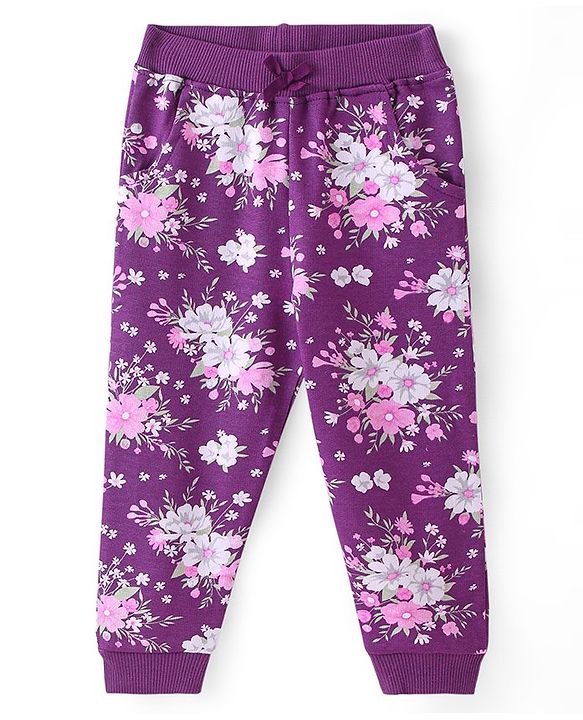 Babyhug Cotton Knit Full Length Lounge Pants With Floral Print - Purple