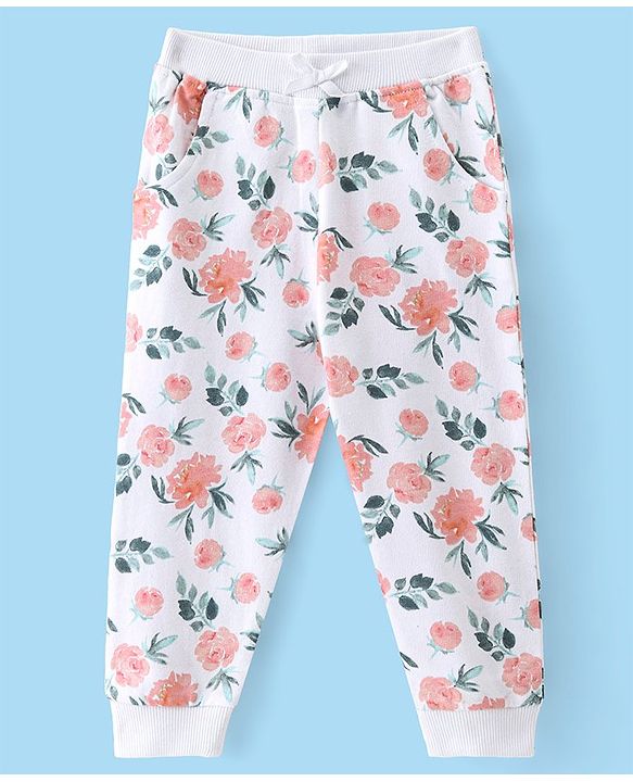 Babyhug Terry Knit Full Length Lounge Pant with Floral Print - White