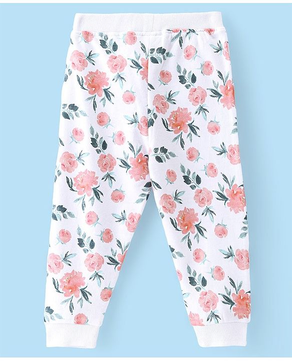 Babyhug Terry Knit Full Length Lounge Pant with Floral Print - White