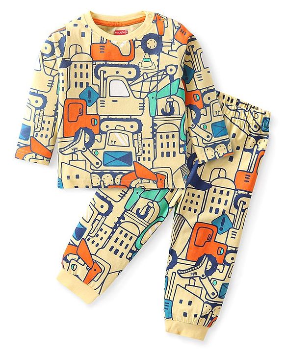 Babyhug Cotton Knit Full Sleeves Night Suit with Vehicle Print - Yellow