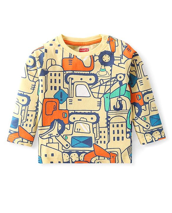 Babyhug Cotton Knit Full Sleeves Night Suit with Vehicle Print - Yellow