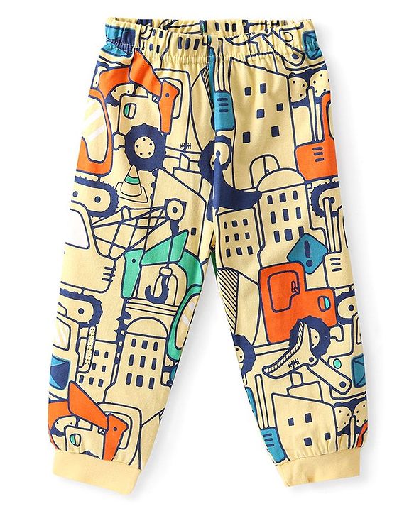 Babyhug Cotton Knit Full Sleeves Night Suit with Vehicle Print - Yellow