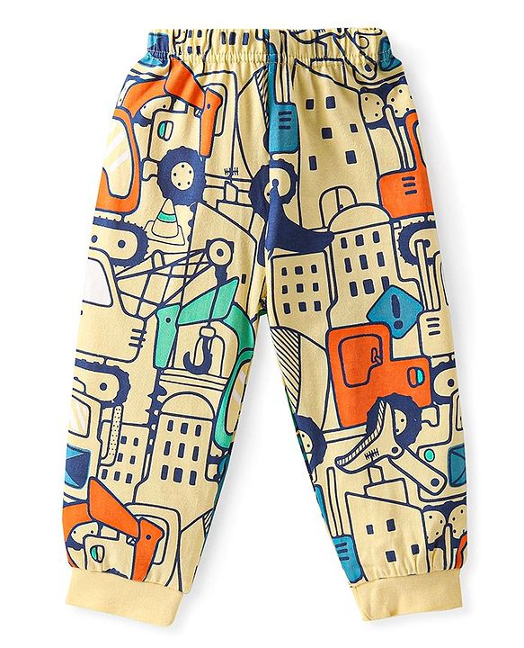Babyhug Cotton Knit Full Sleeves Night Suit with Vehicle Print - Yellow