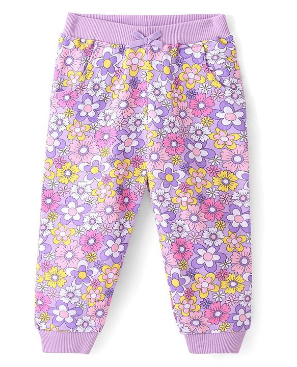 Babyhug Cotton Knit Full Length Lounge Pants With Floral Print - Lavender