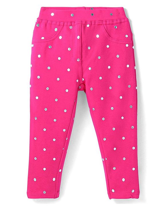 Babyhug French Terry Knit Full Length Polka Dot Printed Jeggings - Dark Pink