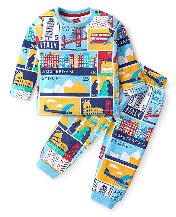 Babyhug Cotton Knit Full Sleeves Night Suit with Vehicle & Text Print - Multicolour
