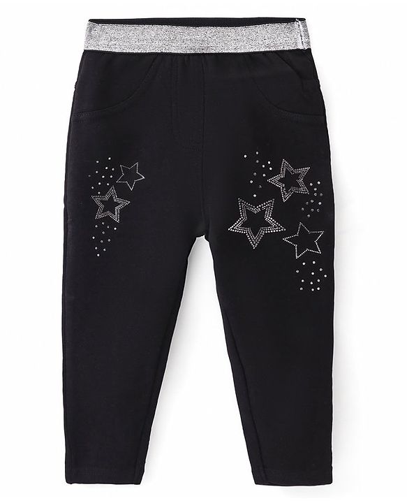 Babyhug French Terry Full Length Jegging with Beads Detailing - Black