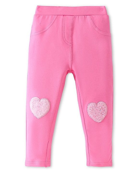 Babyhug French Terry Knit Full Length Stretchable Jeggings with Heart Applique - Pink