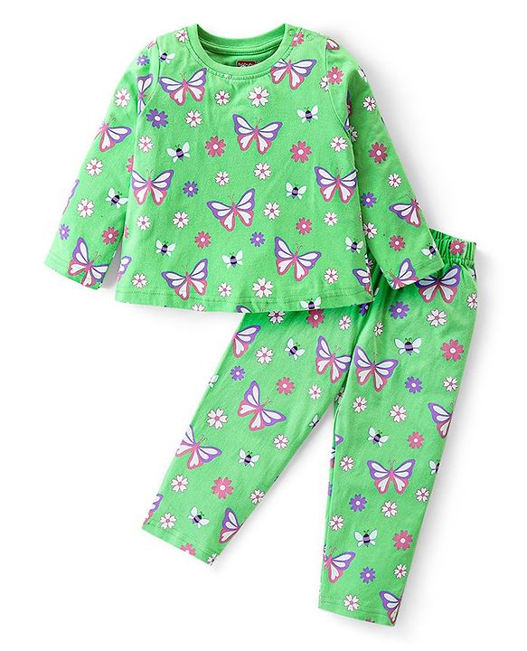 Babyhug Cotton Knit Full Sleeves Night Suit Butterfly Print - Light Green