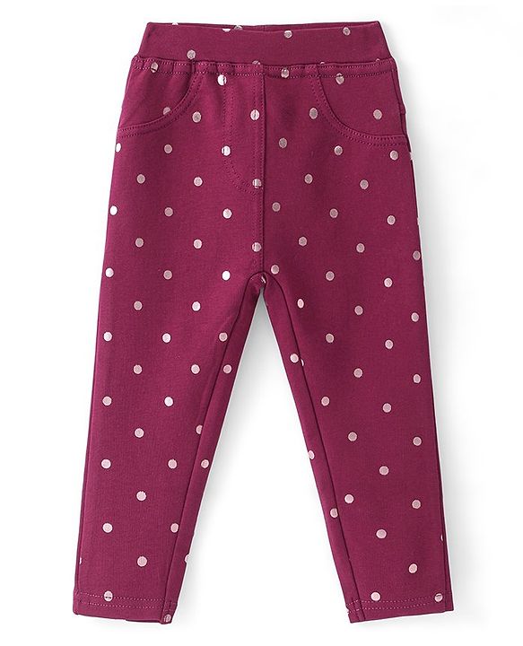 Babyhug French Terry Knit Full Length Stretchable Jeggings with Polka Dot Print - Maroon