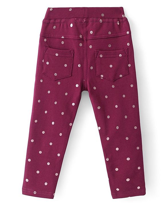 Babyhug French Terry Knit Full Length Stretchable Jeggings with Polka Dot Print - Maroon