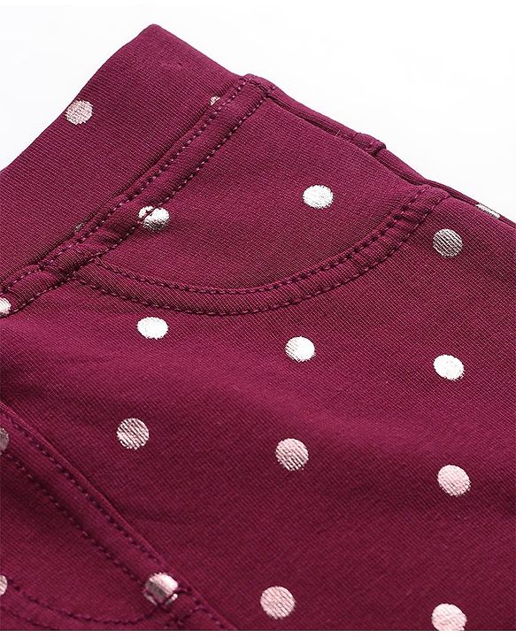 Babyhug French Terry Knit Full Length Stretchable Jeggings with Polka Dot Print - Maroon