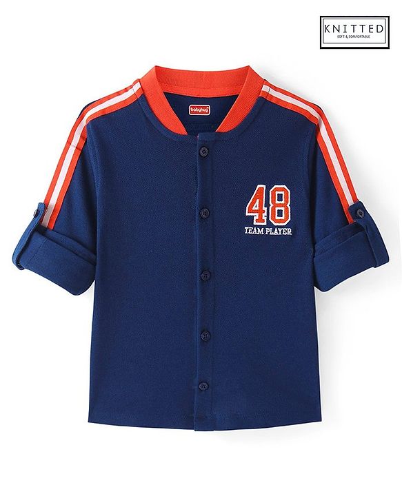Babyhug Cotton Knit Full Sleeves Rib Collar Solid Shirt with Number Embroidery - Navy Blue