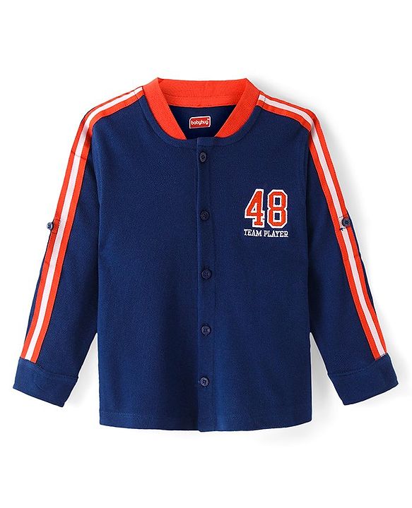 Babyhug Cotton Knit Full Sleeves Rib Collar Solid Shirt with Number Embroidery - Navy Blue
