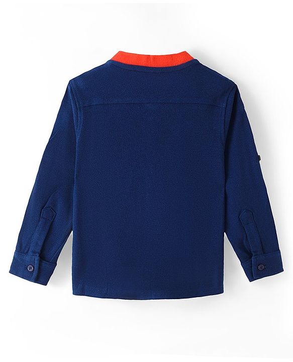 Babyhug Cotton Knit Full Sleeves Rib Collar Solid Shirt with Number Embroidery - Navy Blue