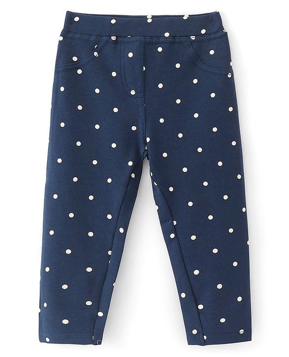 Babyhug French Terry Knit Full Length Stretchable Jeggings with Polka Dots Print - Blue