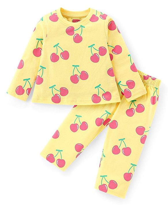 Babyhug Cotton Knit Full Sleeves Night Suit With Cherry Print - Yellow