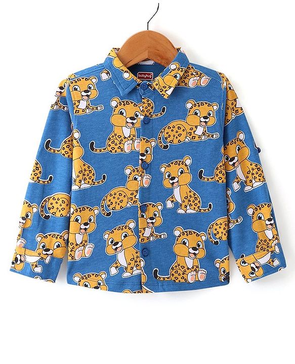 Babyhug Cotton Knit Full Sleeves Regular Collar Shirt with Cub Print - Navy Blue