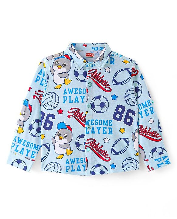 Babyhug Cotton Knit Full Sleeves Shirt with Penguin & Football Print - Blue