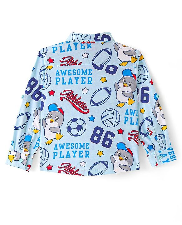 Babyhug Cotton Knit Full Sleeves Shirt with Penguin & Football Print - Blue