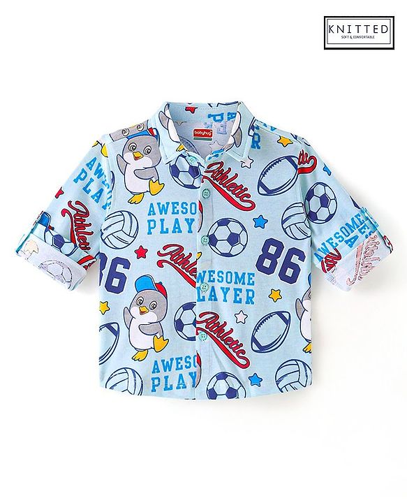 Babyhug Cotton Knit Full Sleeves Shirt with Penguin & Football Print - Blue