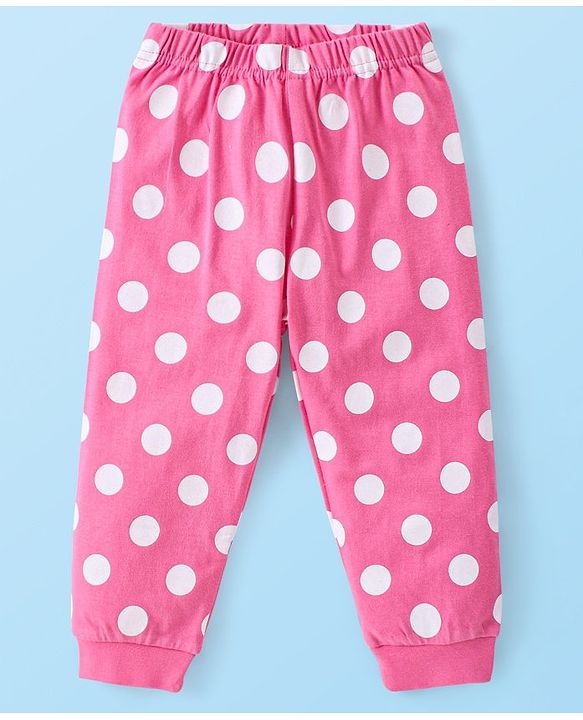 Babyhug Cotton Knit Full Sleeves Night Suit with Polka Dot Print - White & Pink