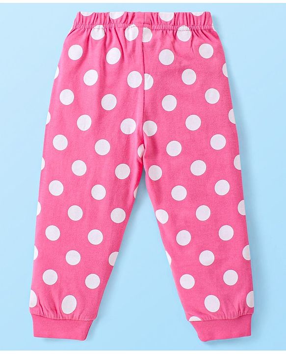 Babyhug Cotton Knit Full Sleeves Night Suit with Polka Dot Print - White & Pink
