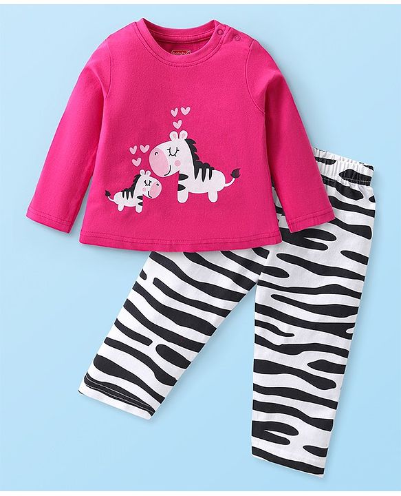 Babyhug Cotton Knit Full Sleeves Night Suit with Zebra Print - Pink & White