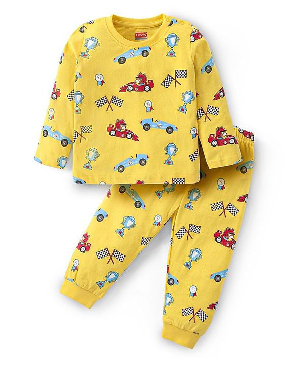 Babyhug Cotton Knit Full Sleeves Night Suit with Racing Car Print - Yellow