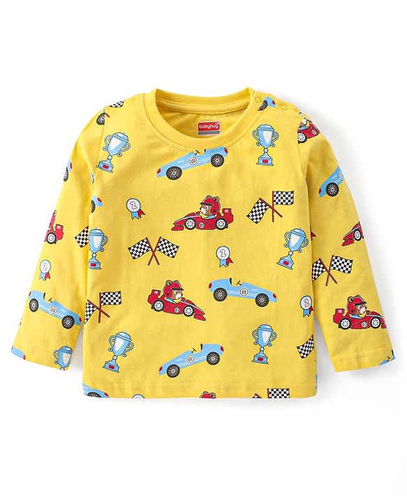Babyhug Cotton Knit Full Sleeves Night Suit with Racing Car Print - Yellow