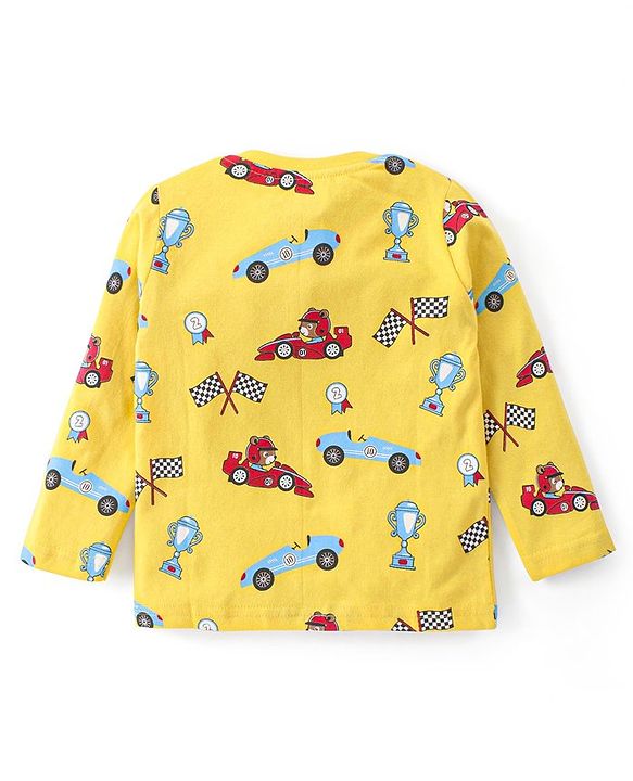 Babyhug Cotton Knit Full Sleeves Night Suit with Racing Car Print - Yellow