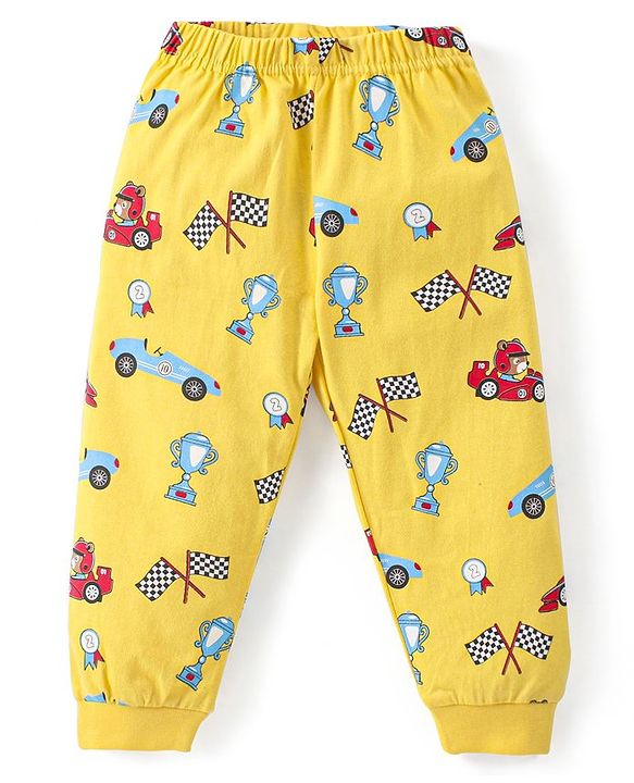 Babyhug Cotton Knit Full Sleeves Night Suit with Racing Car Print - Yellow