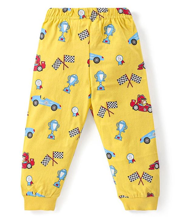 Babyhug Cotton Knit Full Sleeves Night Suit with Racing Car Print - Yellow