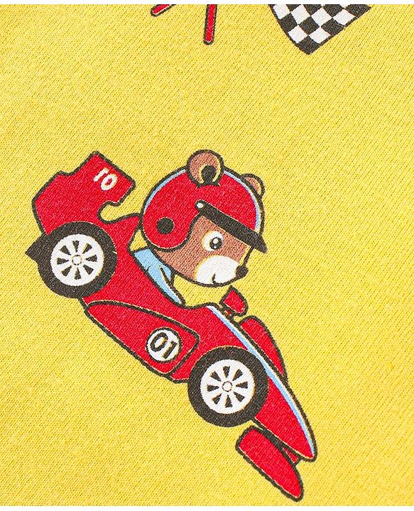 Babyhug Cotton Knit Full Sleeves Night Suit with Racing Car Print - Yellow