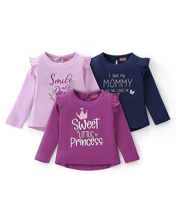 Babyhug Cotton Knit Full Sleeves Top with Text Print Pack of 3  - Multicolor