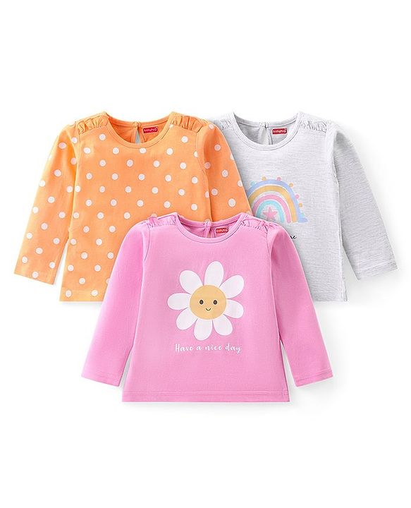 Babyhug Cotton Knit Full Sleeves Tops With Floral & Polka Dot Print Pack of 3 - Multicolor