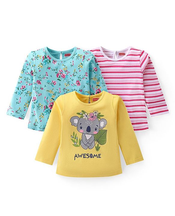 Babyhug Cotton Knit Full Sleeves Top with Koala & Floral Print Pack of 3 - Multicolor